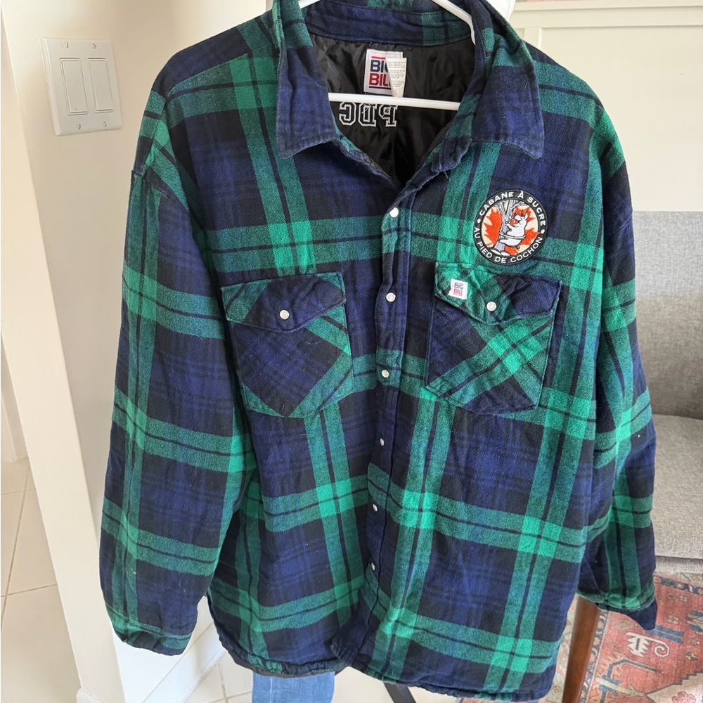Mens 3XL Big Bill Blue/green Plaid Shacket Flannel   Cabane A Sucre Patch PDC